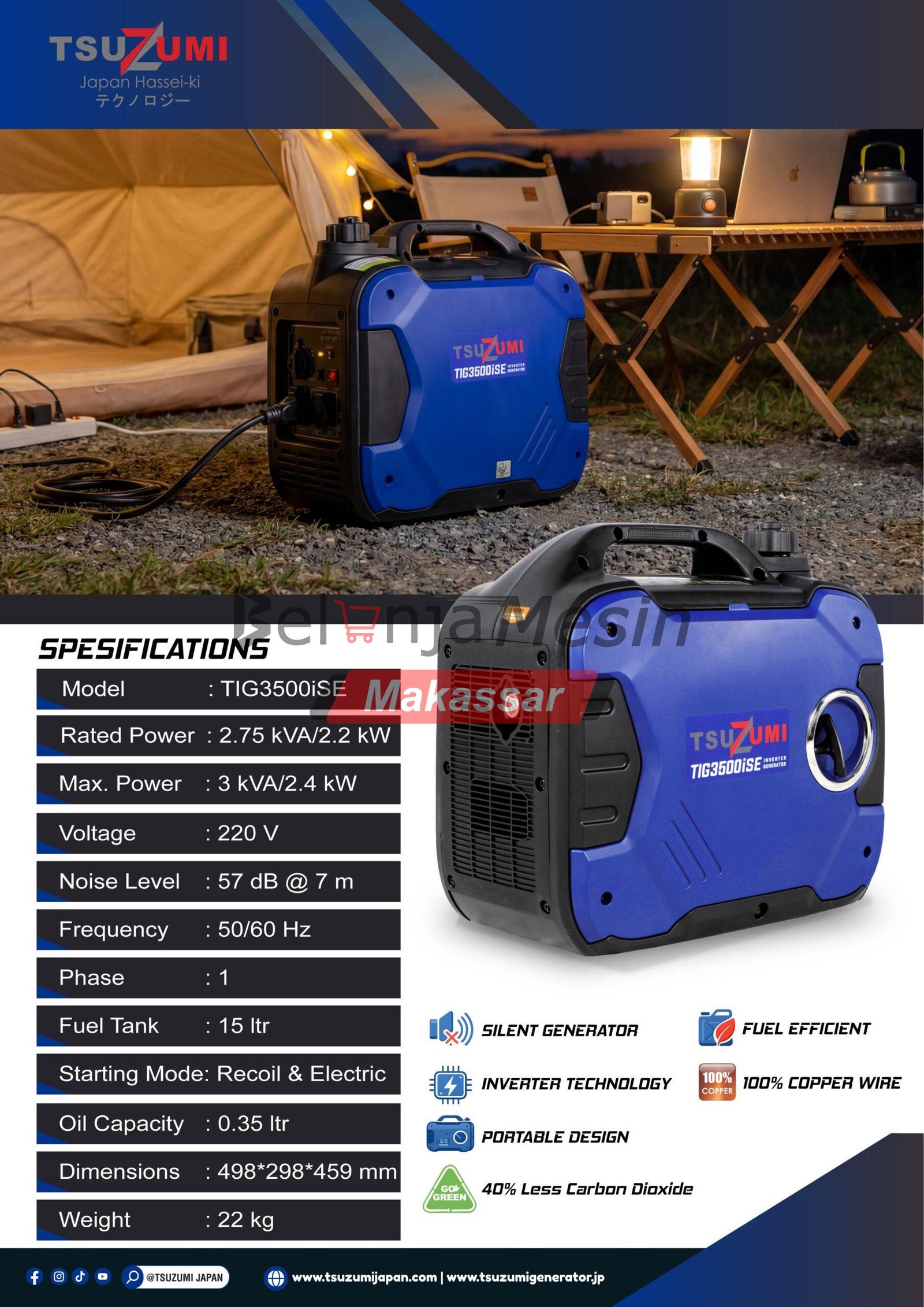 Genset Silent Inverter Portable Starter Electric 3000 Watt TIG3500iSE Tsuzumi - Image 2