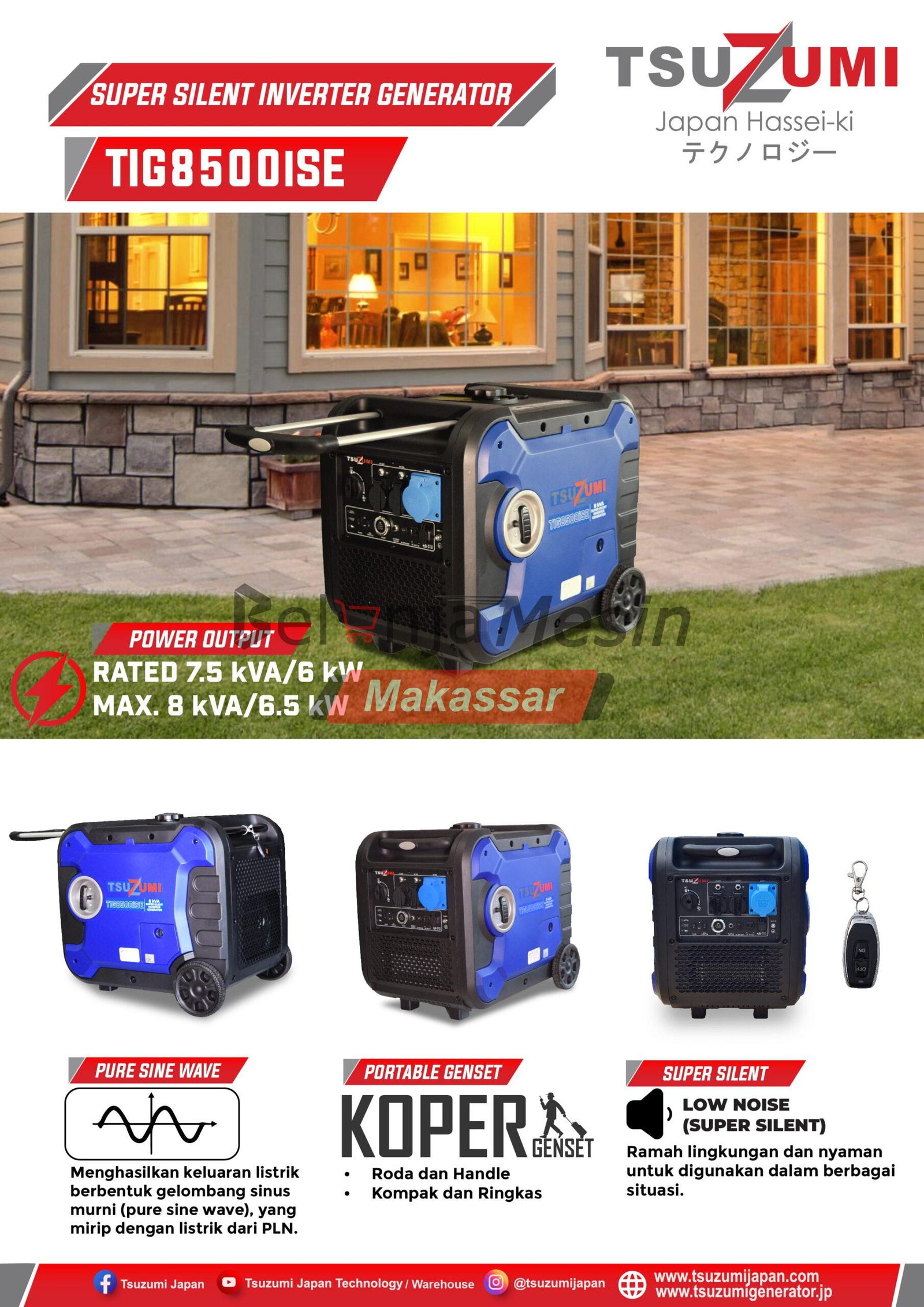 Genset Silent Inverter 8 KVA Portable 6500 Watt 327cc TIG8500iSE TSUZUMI - Image 2