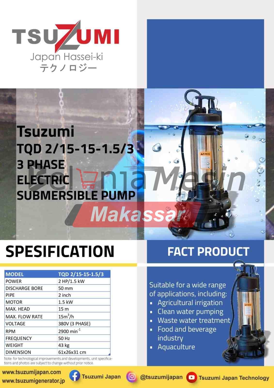 Pompa Celup Air Kotor 2 Inch 3 Phase TQD 2/15-10-1.5/3 Tsuzumi - Image 2