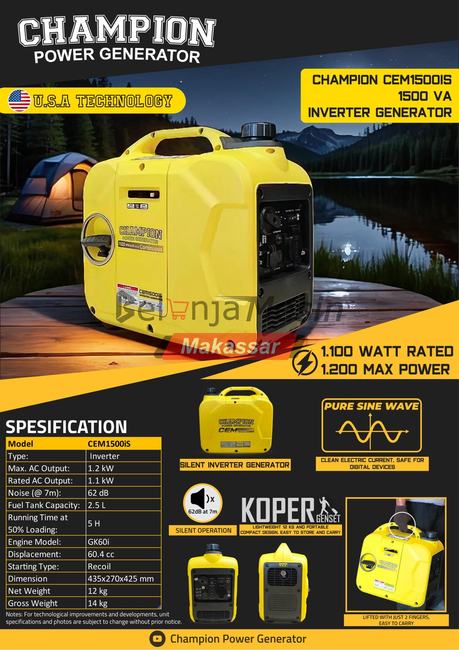 Genset Silent Bensin 1200 Watt 1 Phase CEM1500IS Champion - Image 2