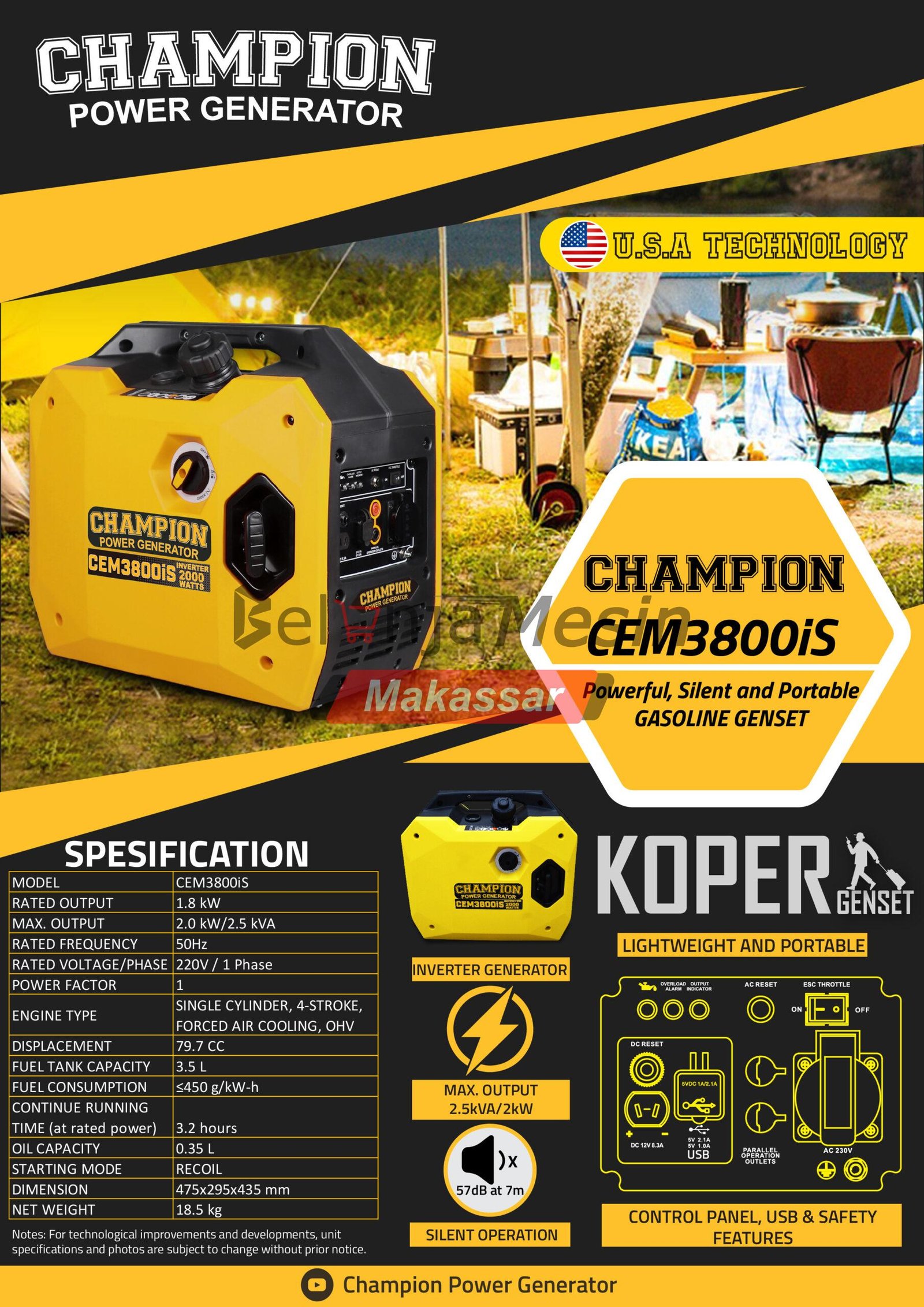 Genset Silent Portable 2.5 KVA 1 Phase CEM3800IS Champion - Image 2