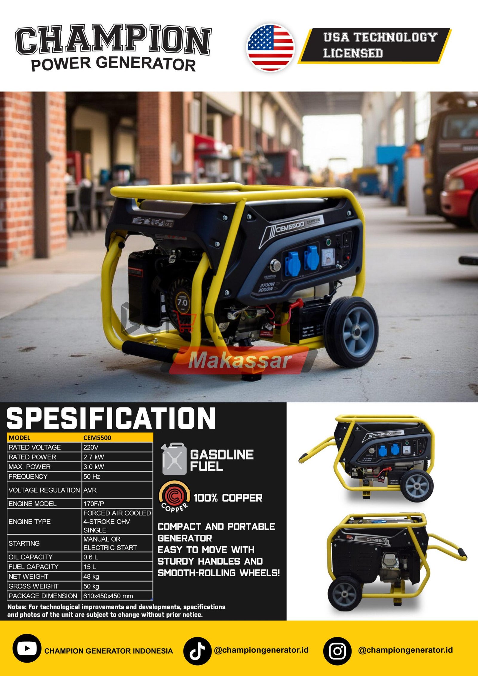 Genset Open Bensin 3 Kw 1 Phase CEM5500 Champion - Image 2