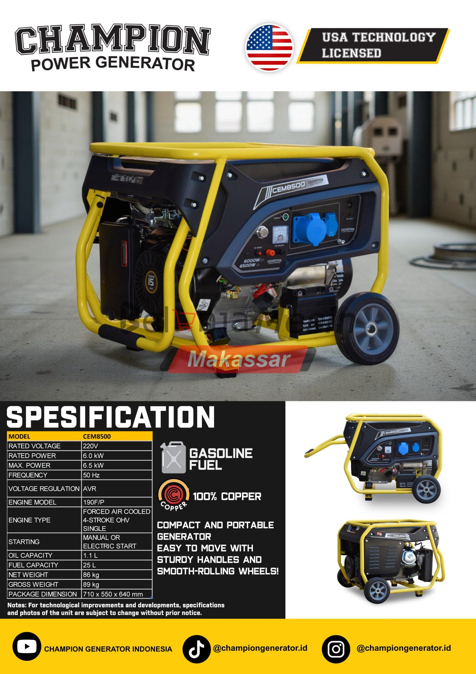 Genset Open Bensin 6 Kw 1 Phase CEM8500 Champion - Image 2