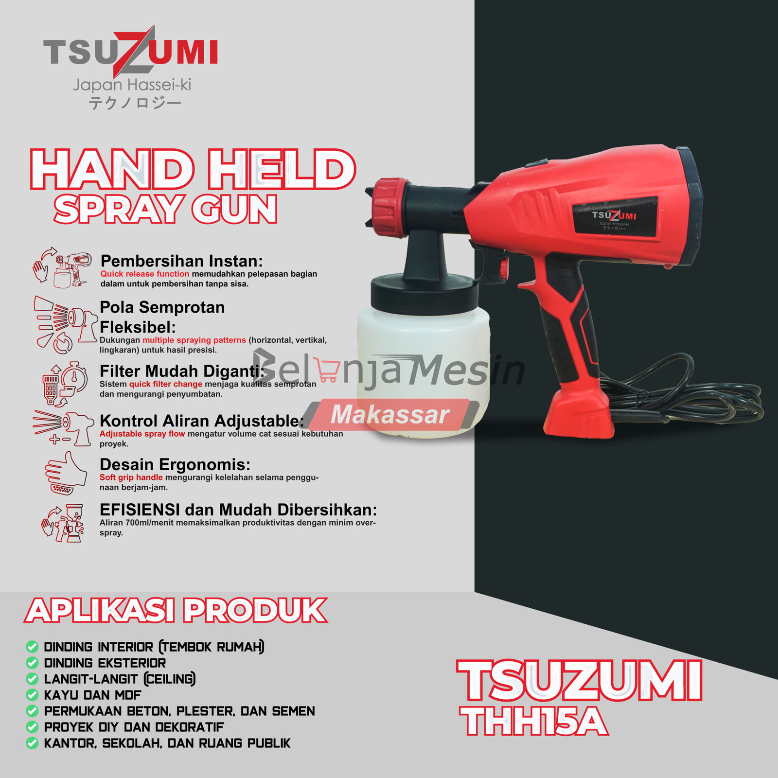 Spray Gun Listrik 400W – Alat Semprot Cat Portable Tangki 800ml THH15A TSUZUMI - Image 2