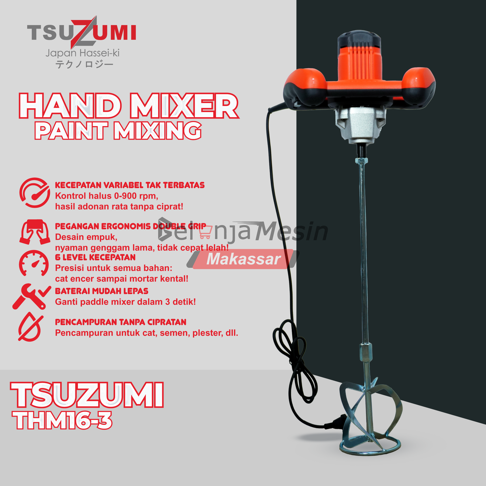 Mesin Pengaduk Cat Listrik Hand Paint Mixer 1200 Watt THM16-3 TSUZUMI - Image 2