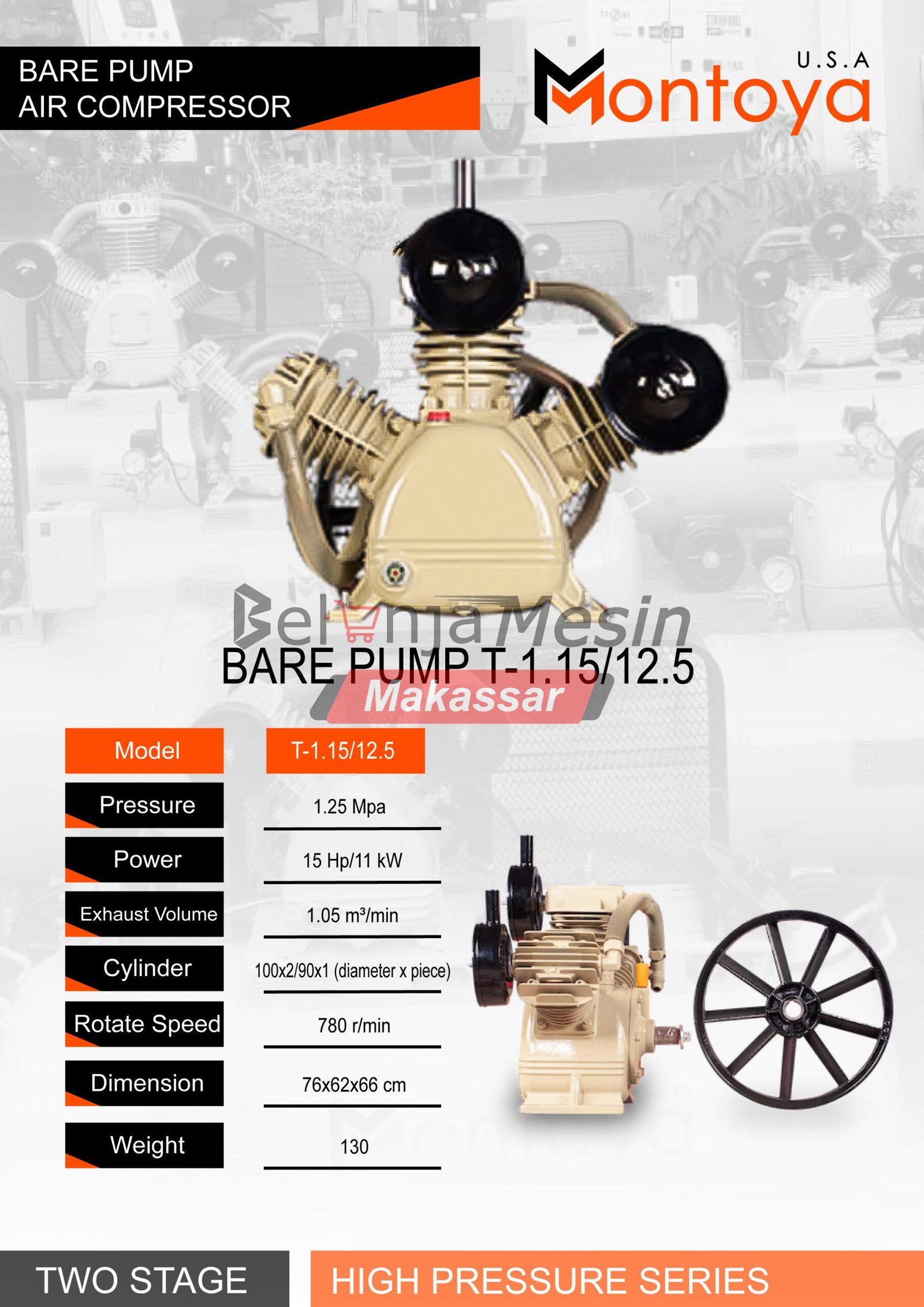 Kepala Kompresor Bare Pump 15 Hp 12.5 Bar T-1.15/12.5 Montoya