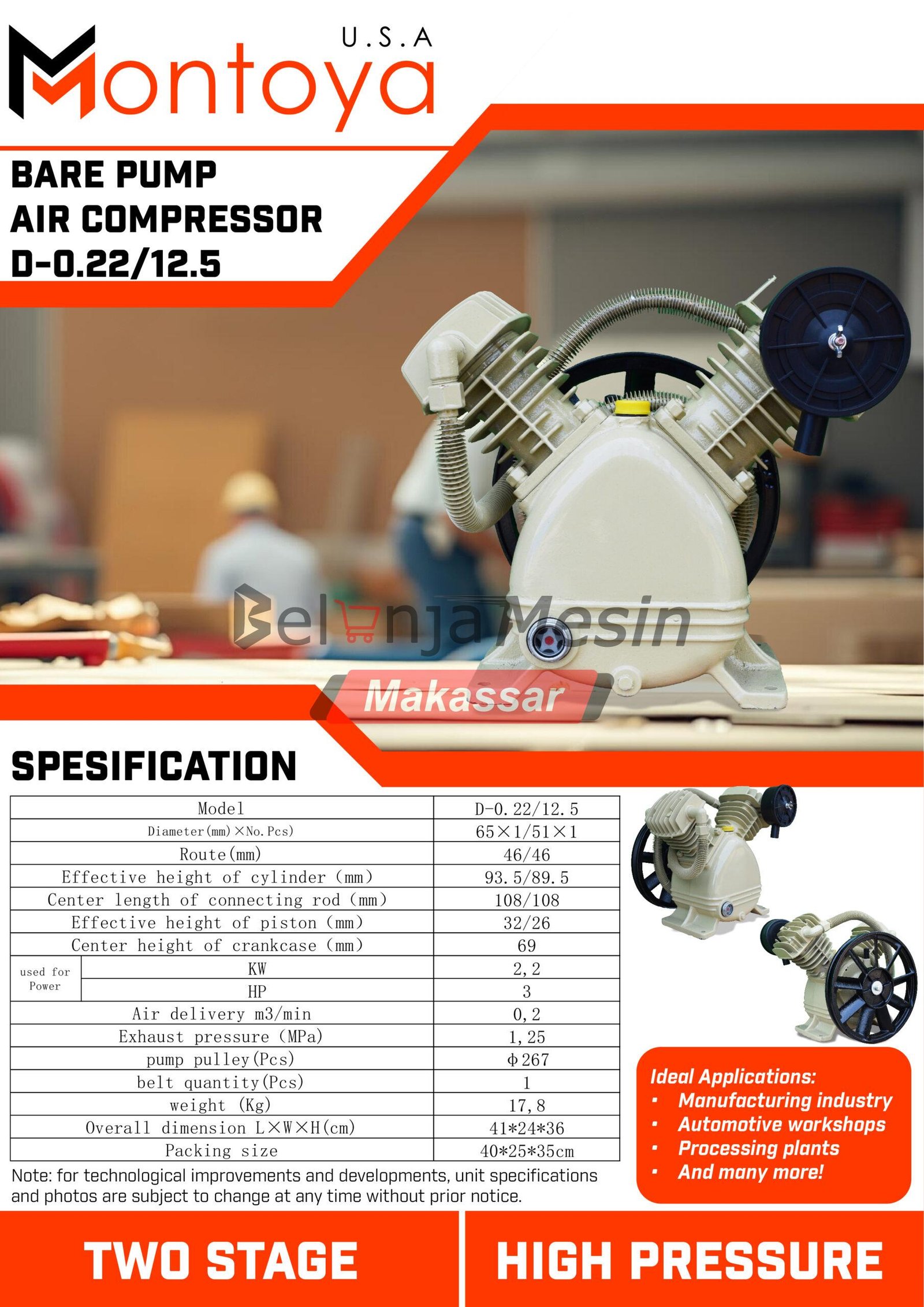 Kepala Kompresor Bare Pump 3 Hp 12.5 Bar D-0.22/12.5 Montoya
